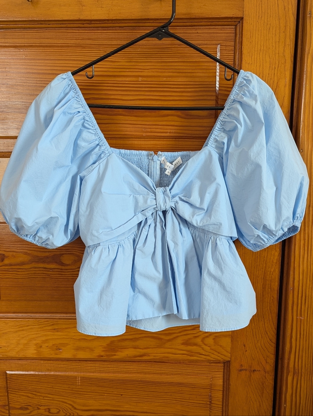English Factory Light Blue Cropped Bow Peplum Top With Sweetheart Neckline - Picture 3 of 10